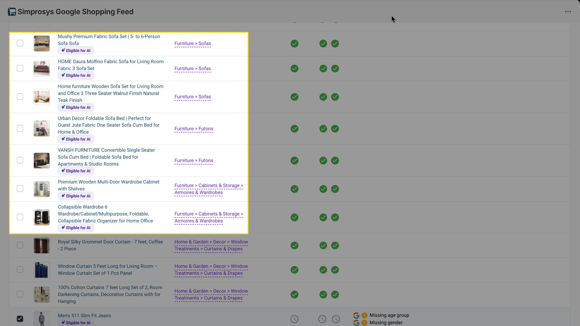 Manage Products page displaying eligible products marked with Eligible for AI badge, showing furniture and apparel items ready for optimization