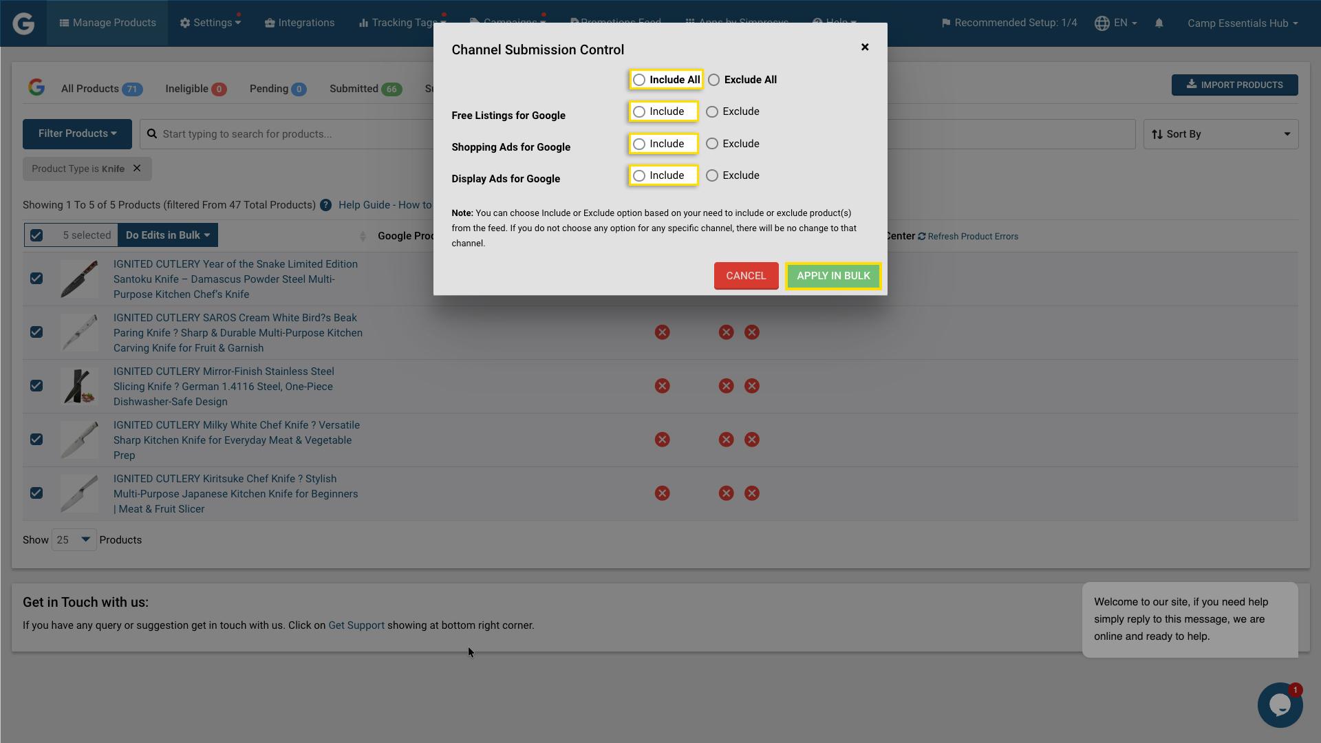 Channel Submission Control pop-up with “Include All” selected to allow products for Free Listings, Shopping Ads, and Display Ads in Simprosys app