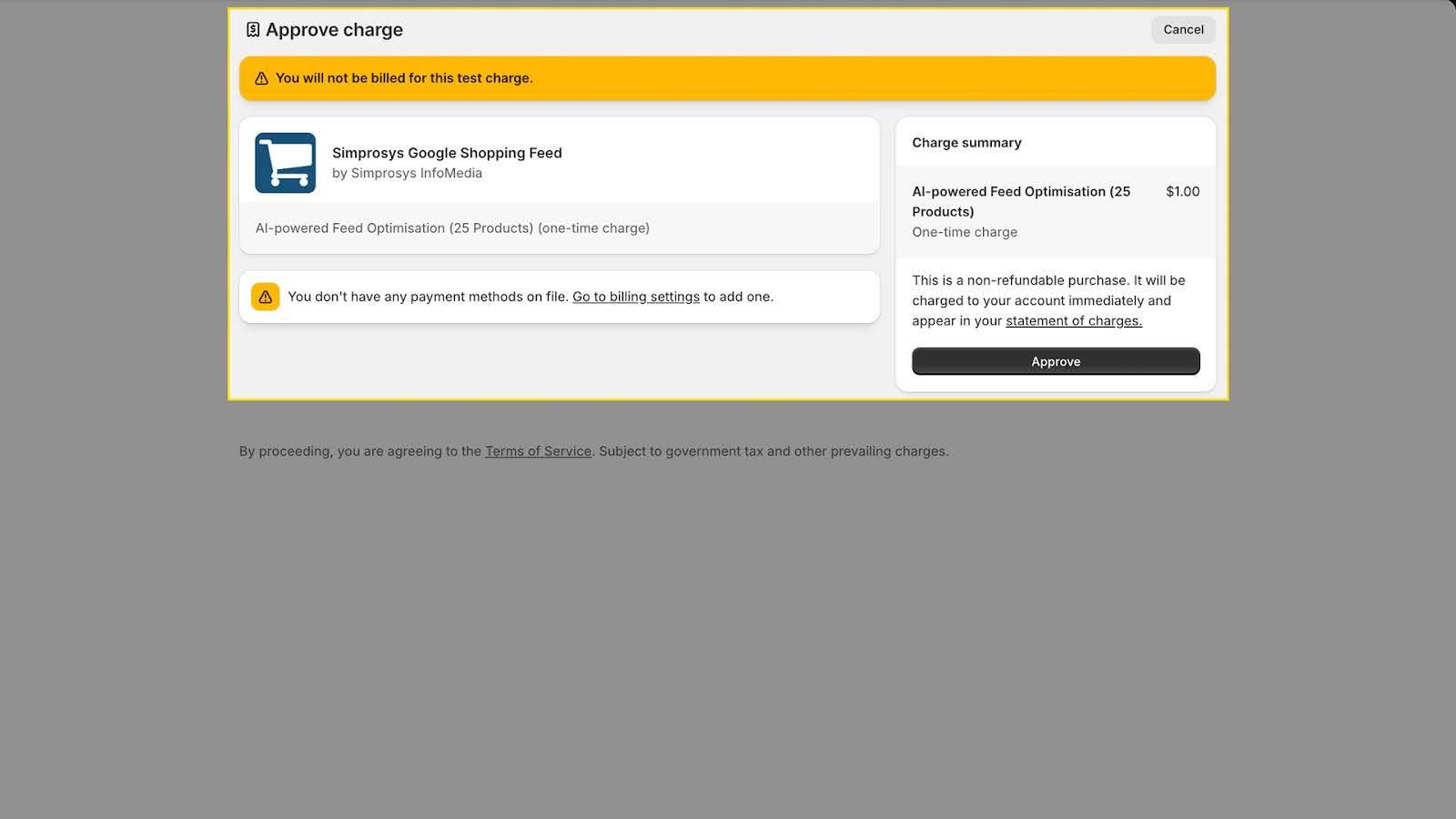 Shopify payment approval page showing $1.00 USD charge for AI-powered Feed Optimisation of 25 products
