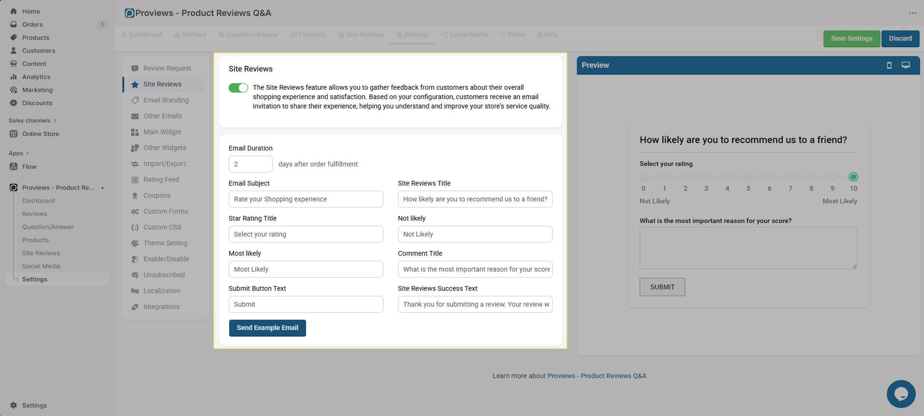 Site review feature enabled with all options