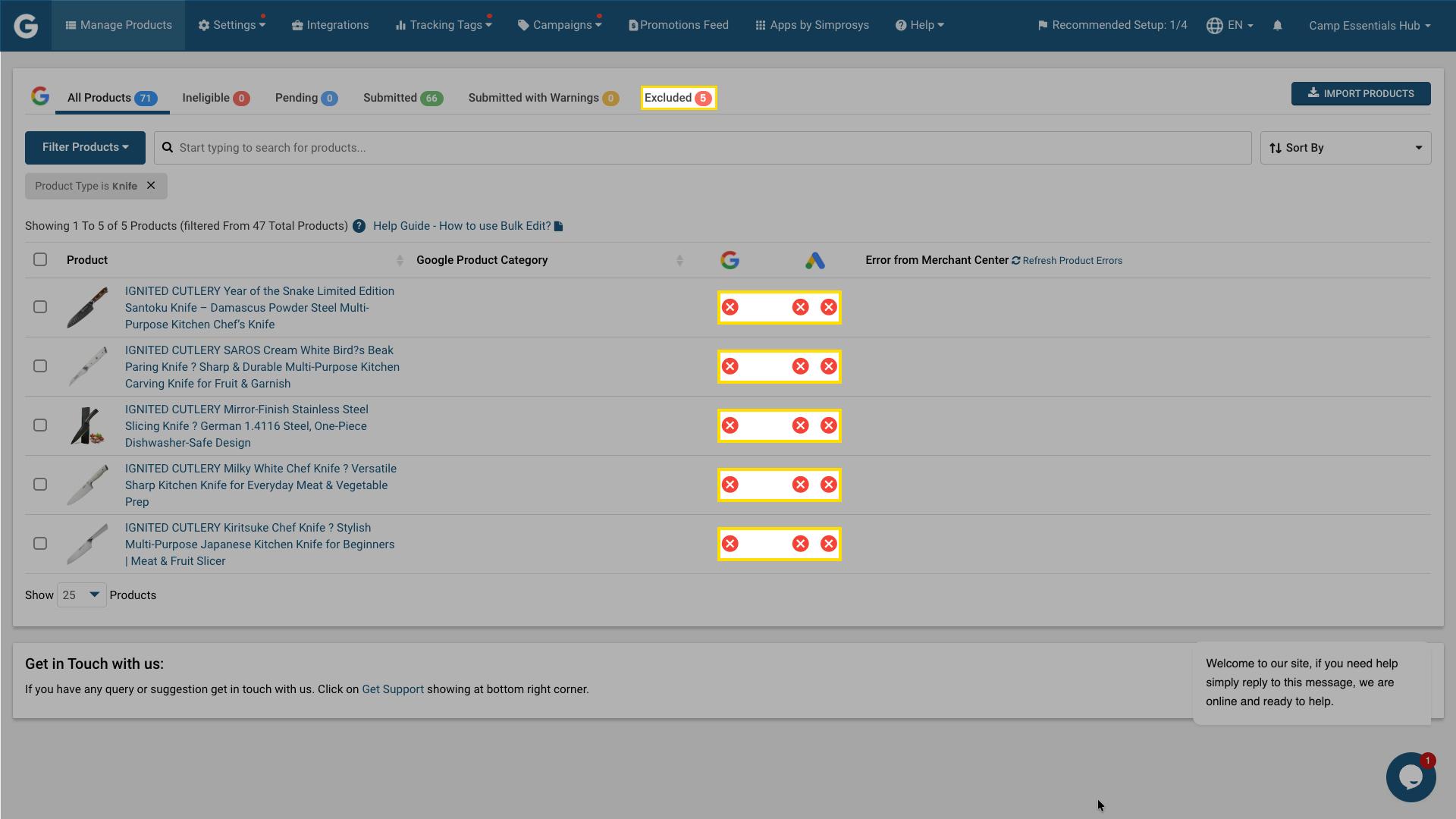 Product dashboard displaying excluded items with red indicators under Google and Google Ads columns in Simprosys Google Shopping Feed App