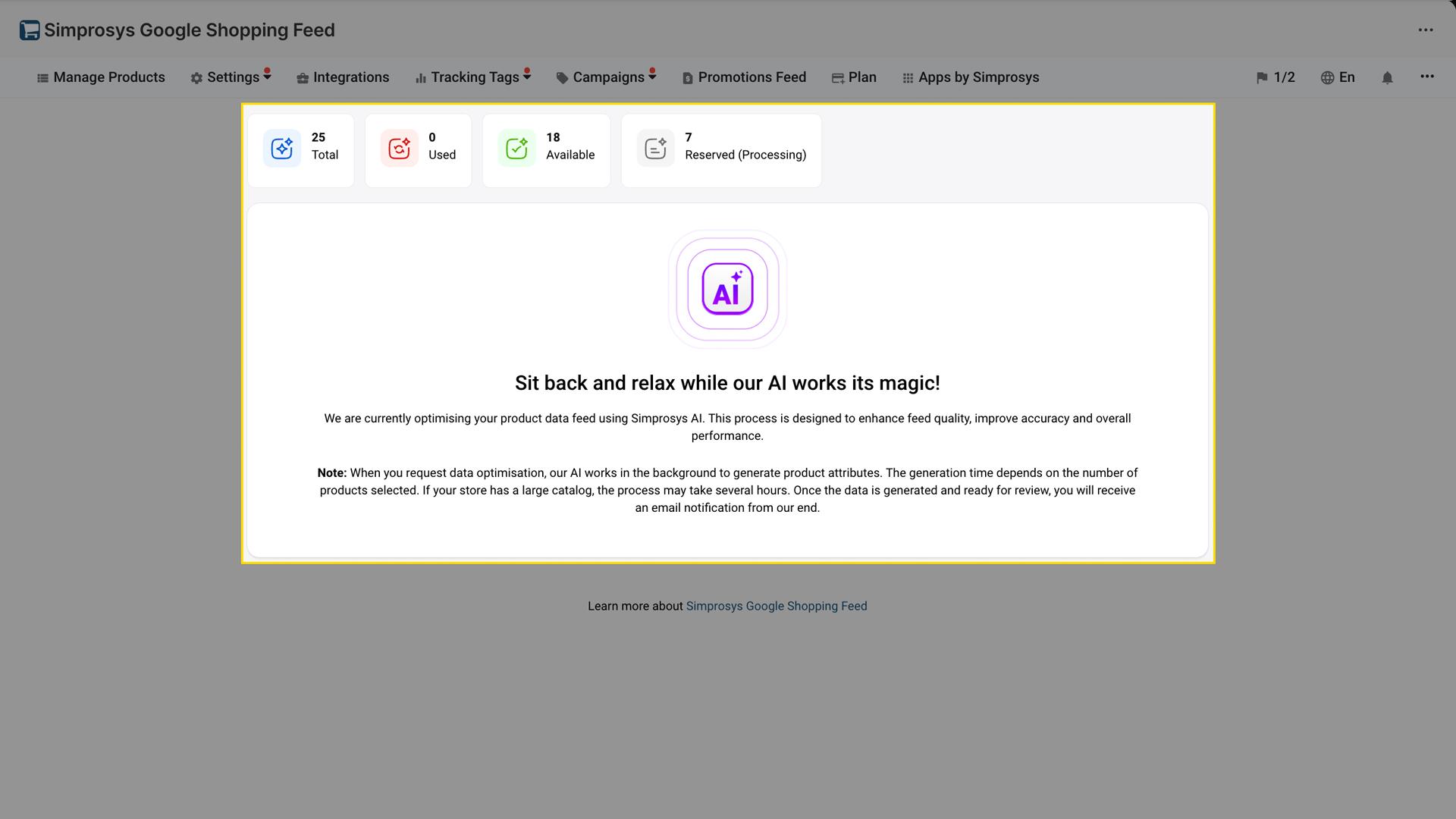 Setup form for AI-powered Feed Optimisation with options for product quantity, selection method, and data handling preferences