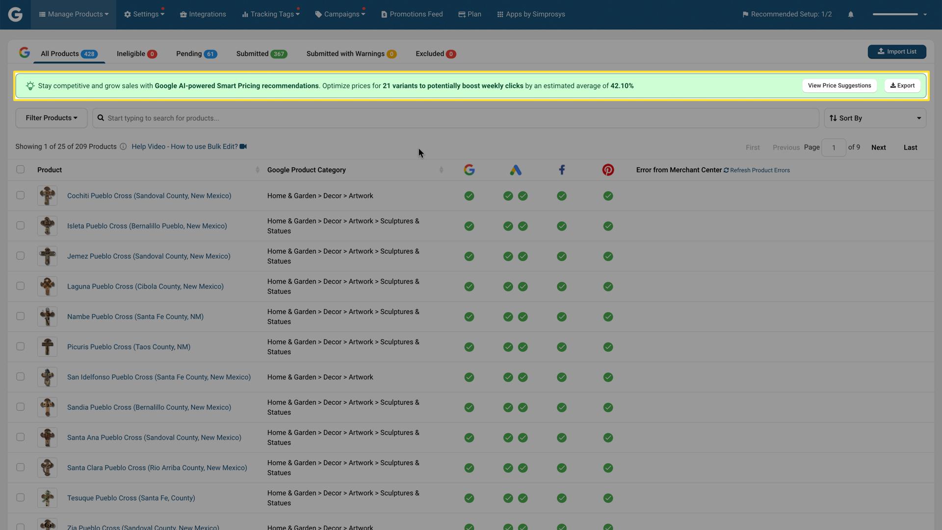 Pop-up showing price suggestion details including current price, suggested price, discount percentage, and performance impact metrics