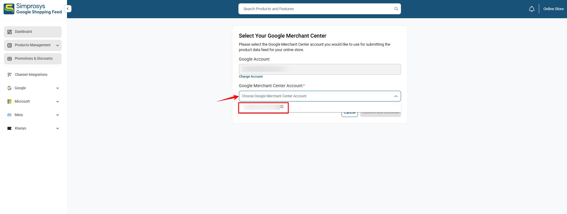 Select your Google Merchant Center Account from the dropdown menu
