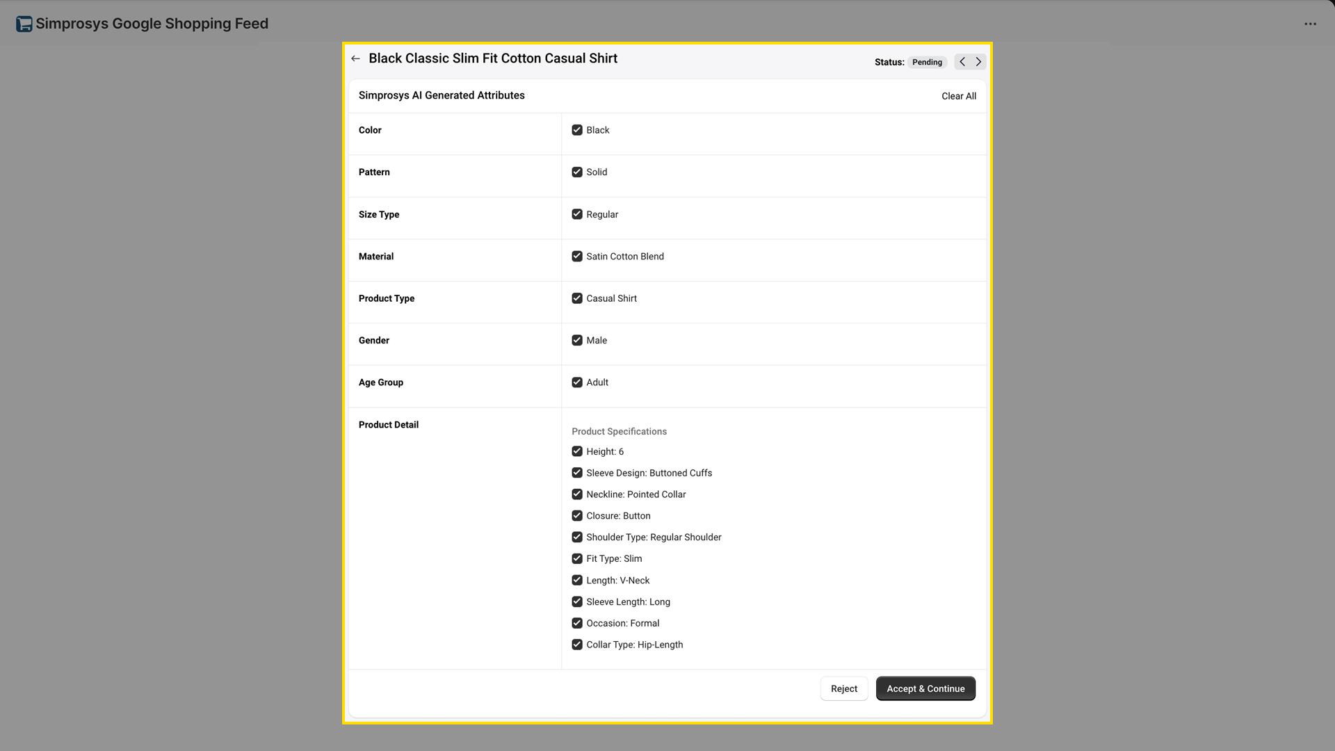 AI-generated attributes review modal for Black Classic Slim Fit Cotton Casual Shirt showing checked attributes like color, pattern, material, and product specifications