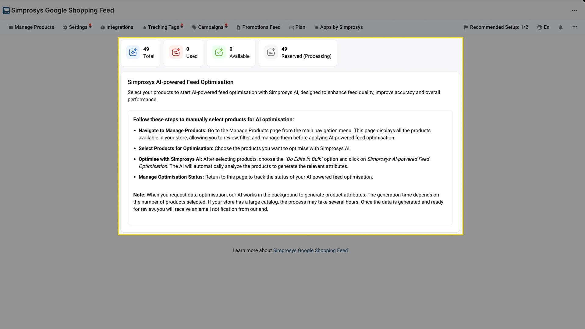 Feed Optimisation settings page showing quota summary and step-by-step guide for manually selecting products for optimization