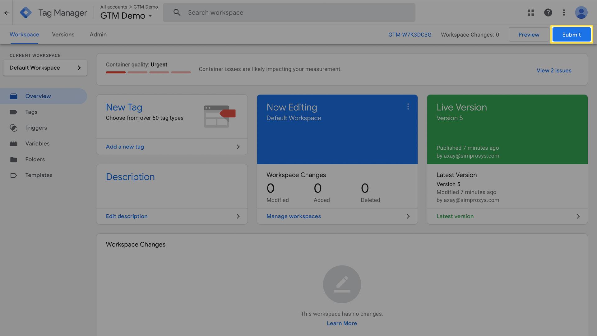 Google Tag Manager workspace overview showing Default Workspace, container quality status, and version information