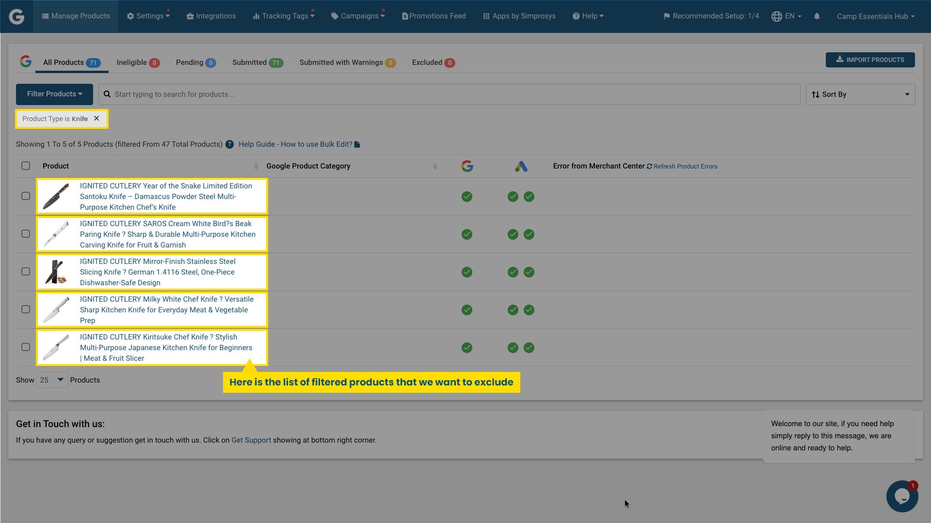 Filtered product list showing selected items to exclude in Simprosys Google Shopping Feed App
