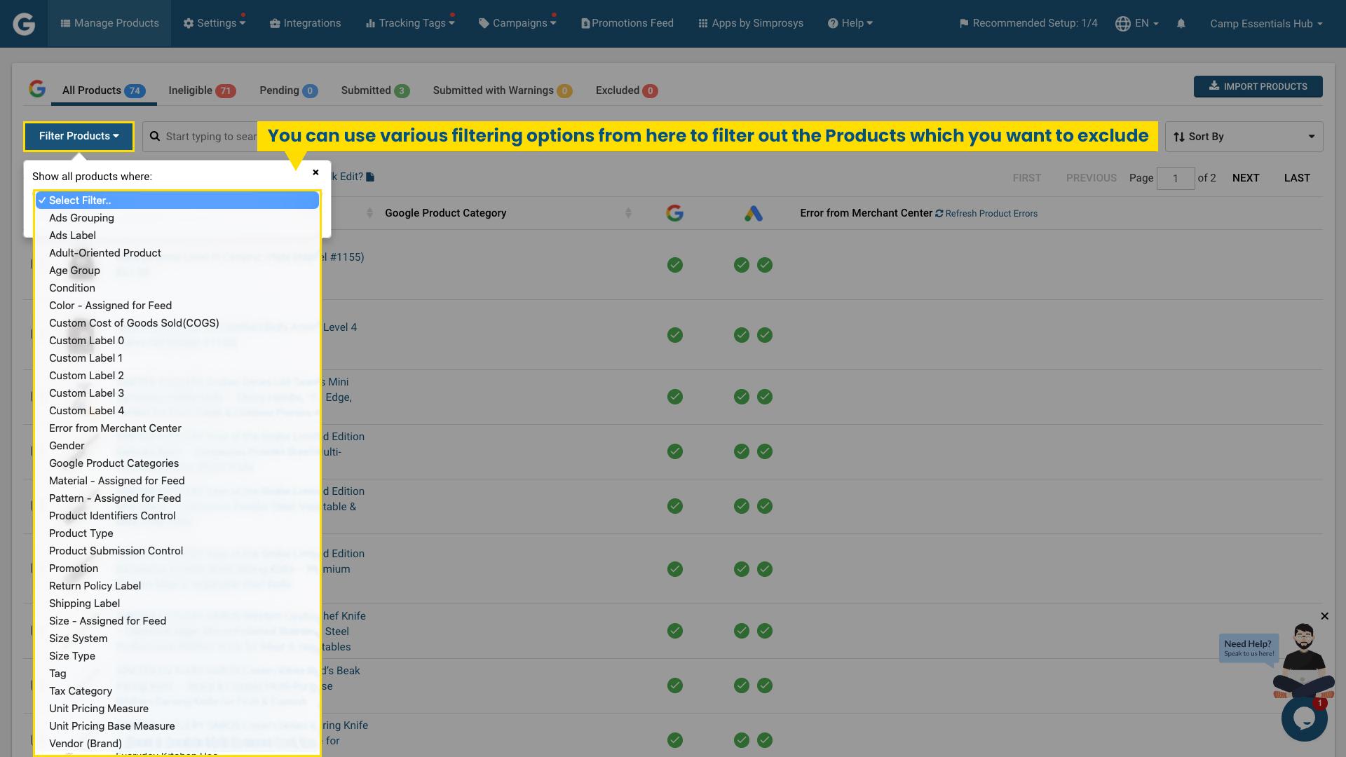 Filter products in Simprosys Google Shopping Feed App using multiple filtering options to identify products for exclusion