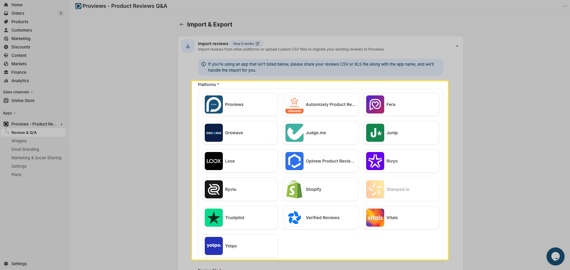 Import Reviews screen showing other app