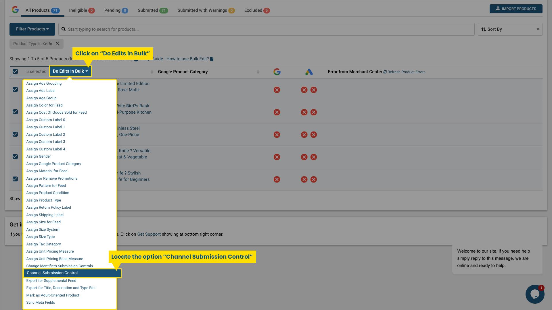 Channel Submission Control pop-up with “Include All” selected to allow products for Free Listings, Shopping Ads, and Display Ads in Simprosys app