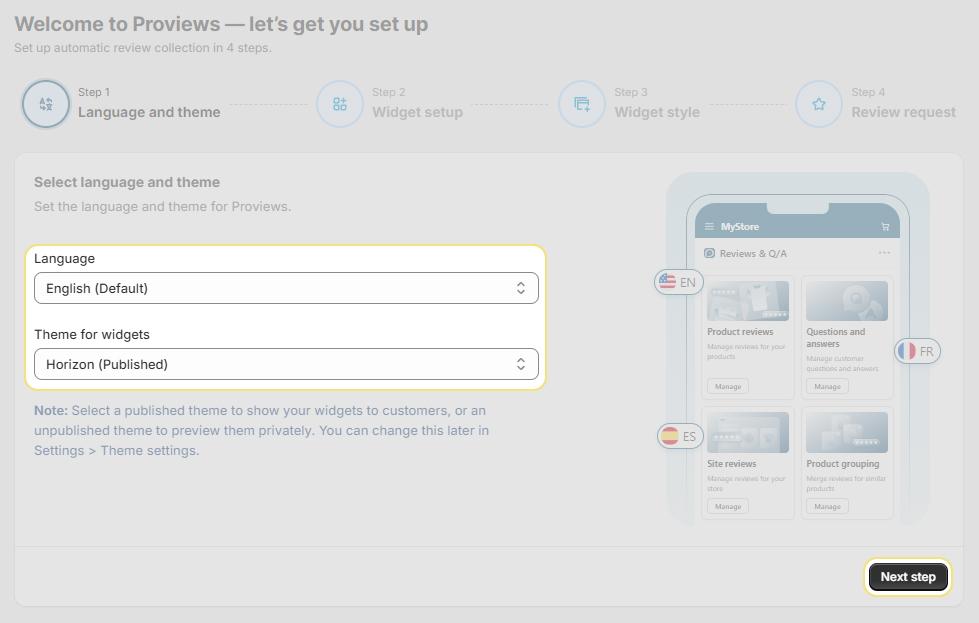 Language dropdown expanded and published theme at the top