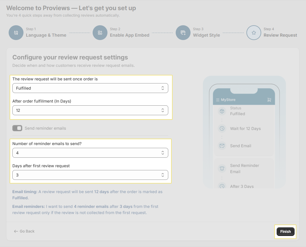 Proviews review request configuration panel