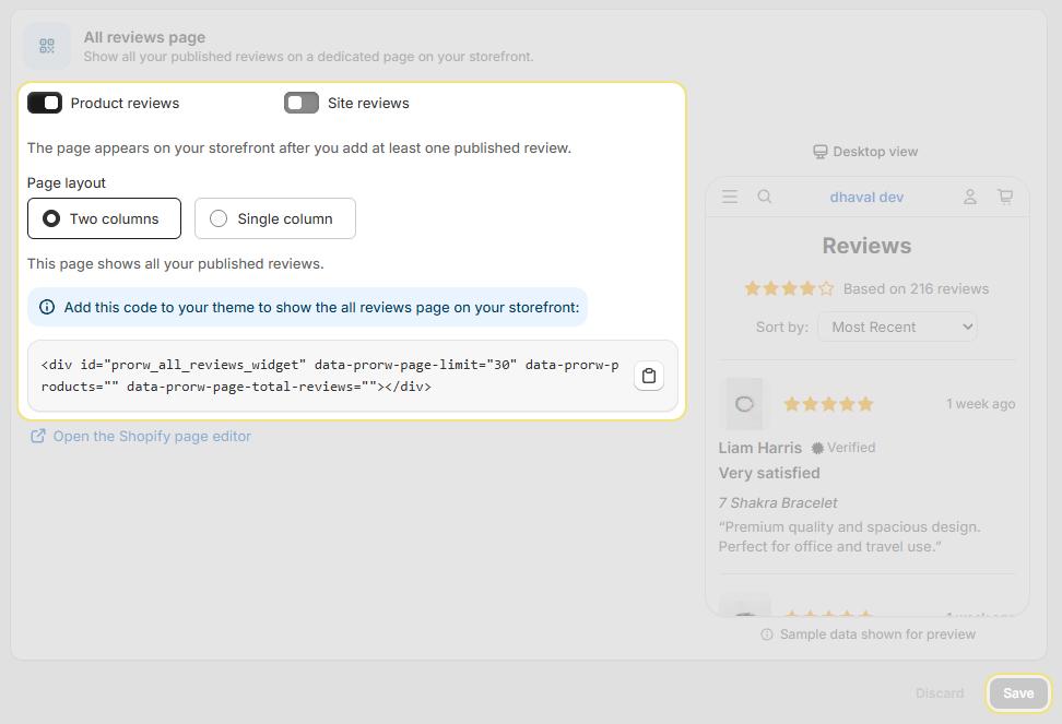 Embed the All Reviews Page Widget on Your Store Page