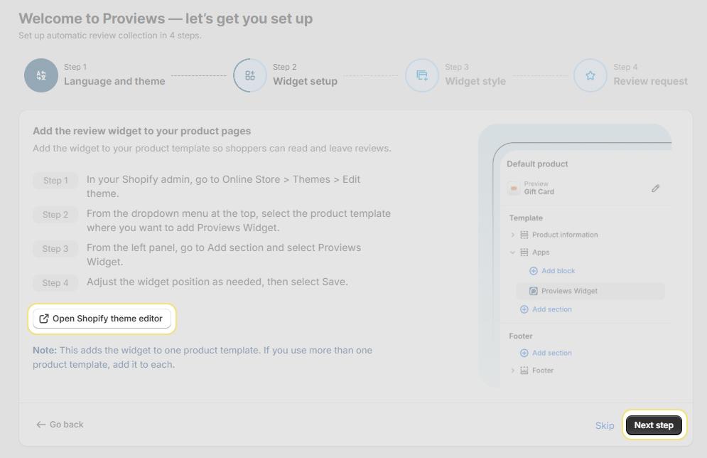 Proviews Widget added under Apps on the default product template