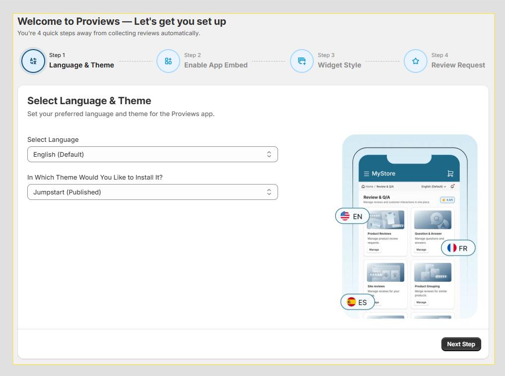 Proviews admin panel showing the language selection dropdown with available language options listed