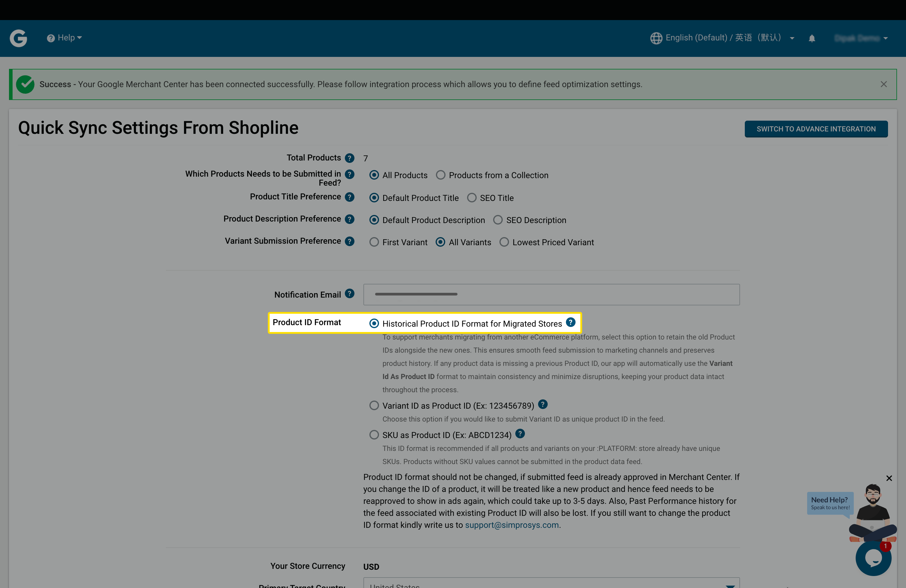  Sync Settings - Product ID