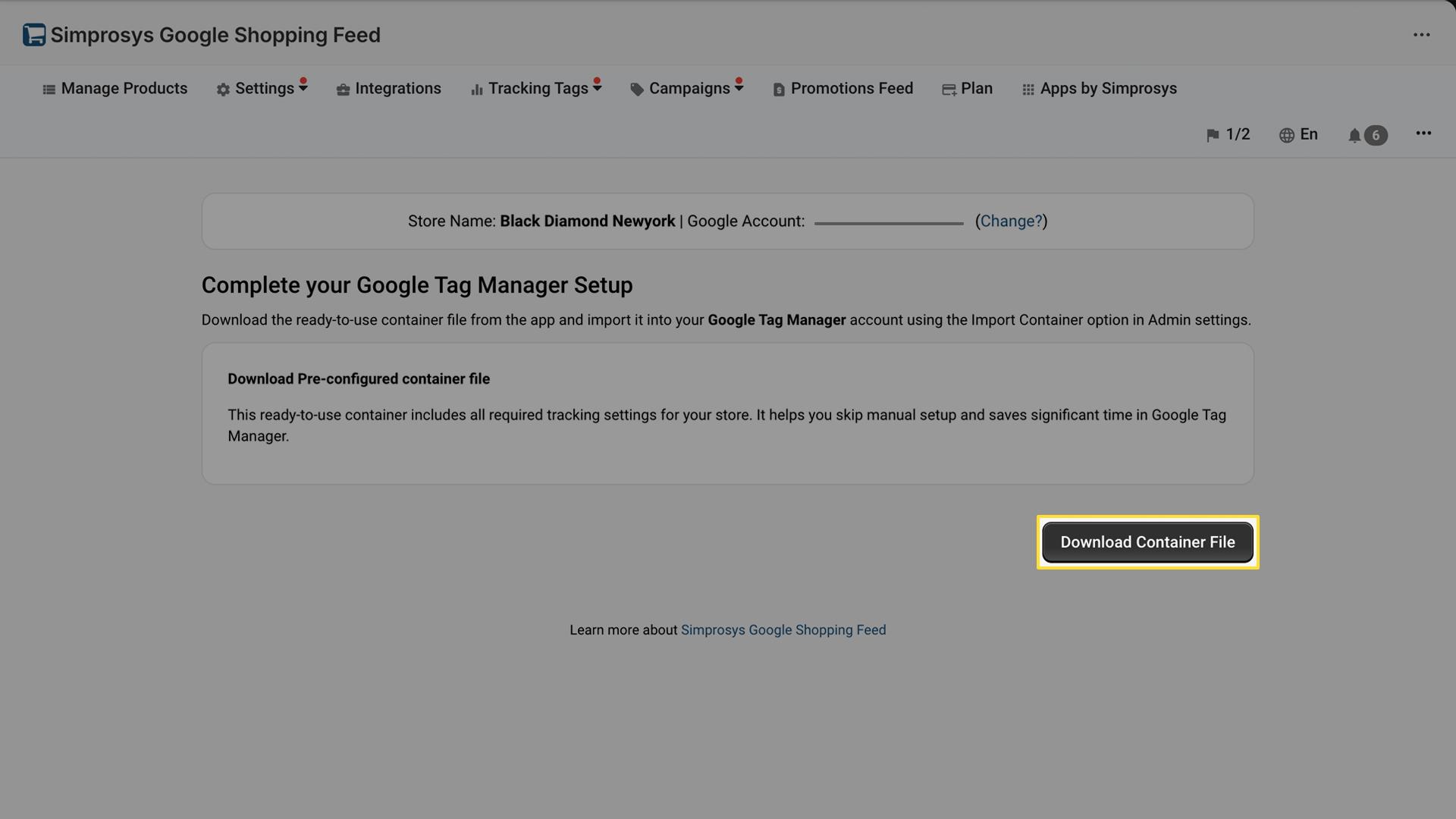 Download pre-configured container file section for Google Tag Manager setup for Black Diamond Newyork store