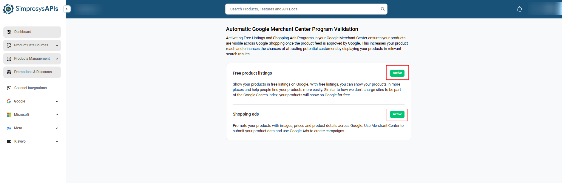 Verify that Free product listings and Shopping ads display an Active status