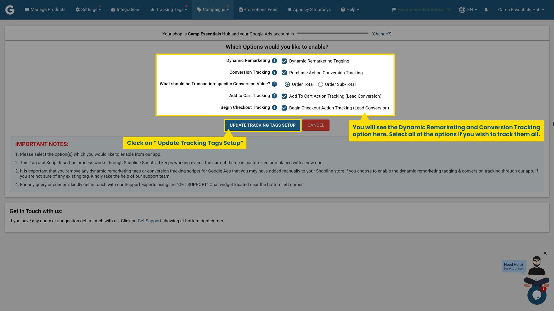 Tracking settings screen displaying options to enable dynamic remarketing, conversion tracking, add to cart, and begin checkout tracking