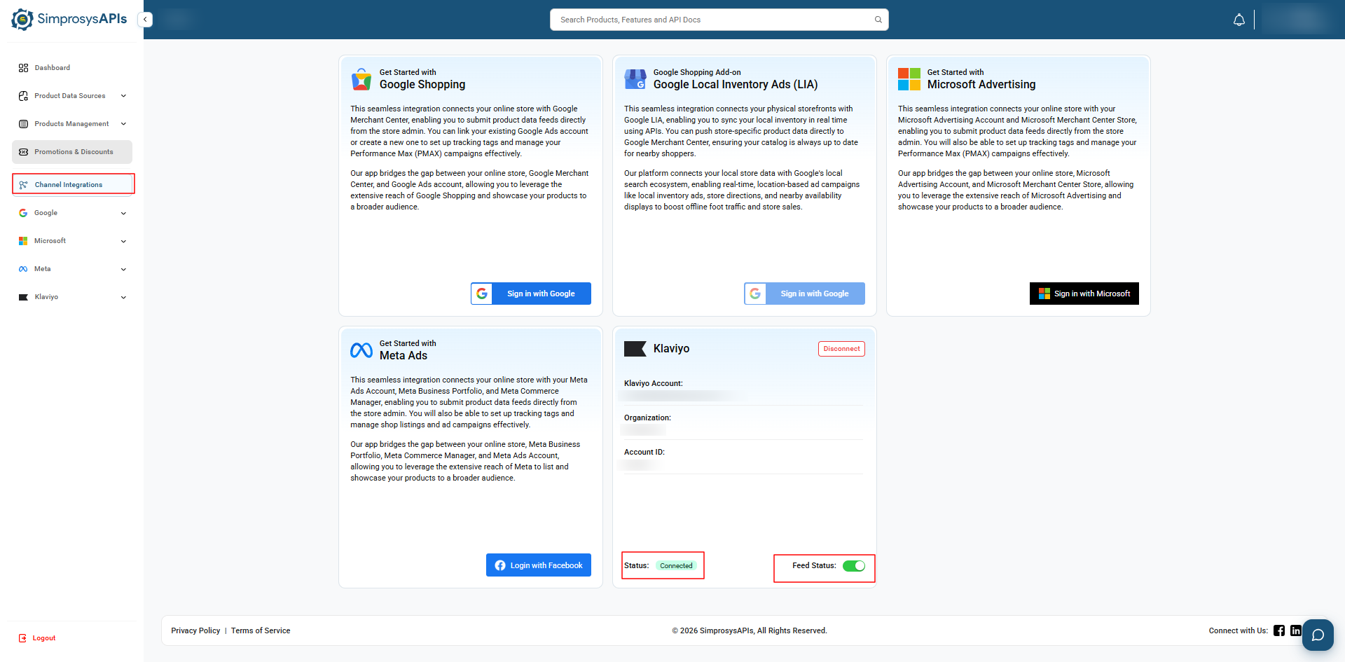 Verify the Klaviyo card displays the status