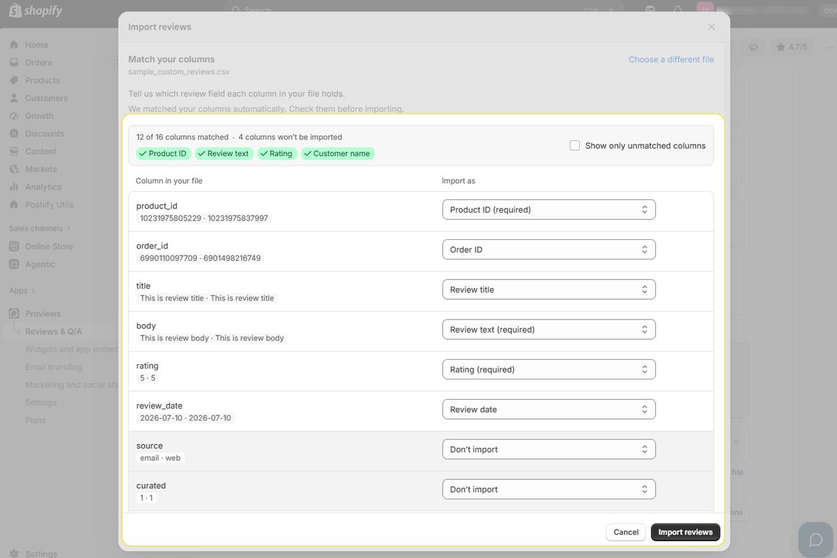 Match your columns dialog showing the matched-field summary for each file column with a sample value and the Import as dropdowns