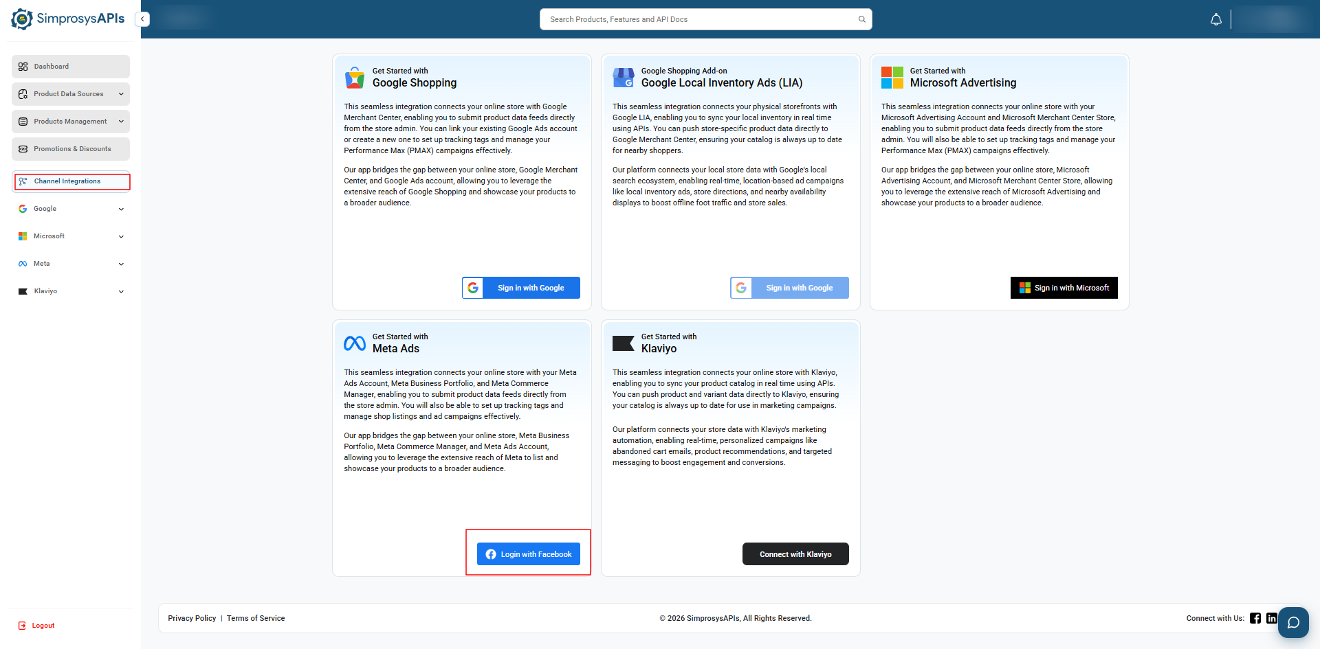 Navigate to Channel Integrations and click Login with Facebook