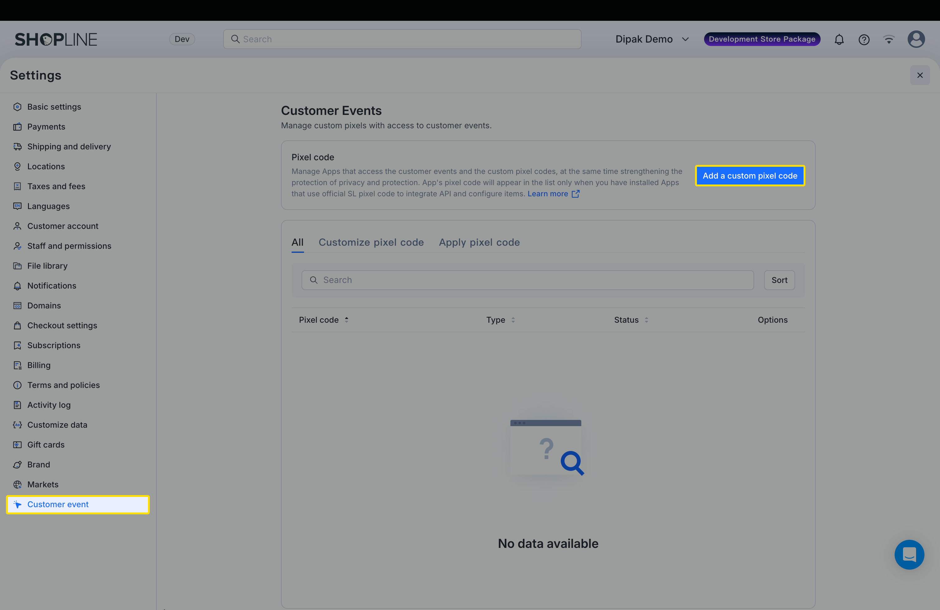 SHOPLINE Customer Events Settings