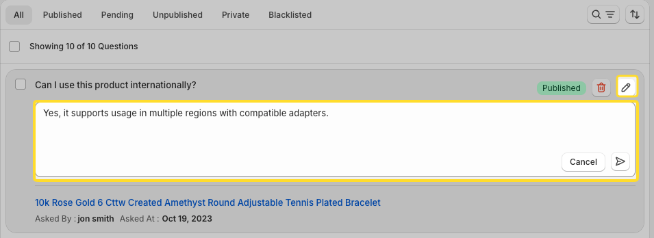 Answer written in a modal window