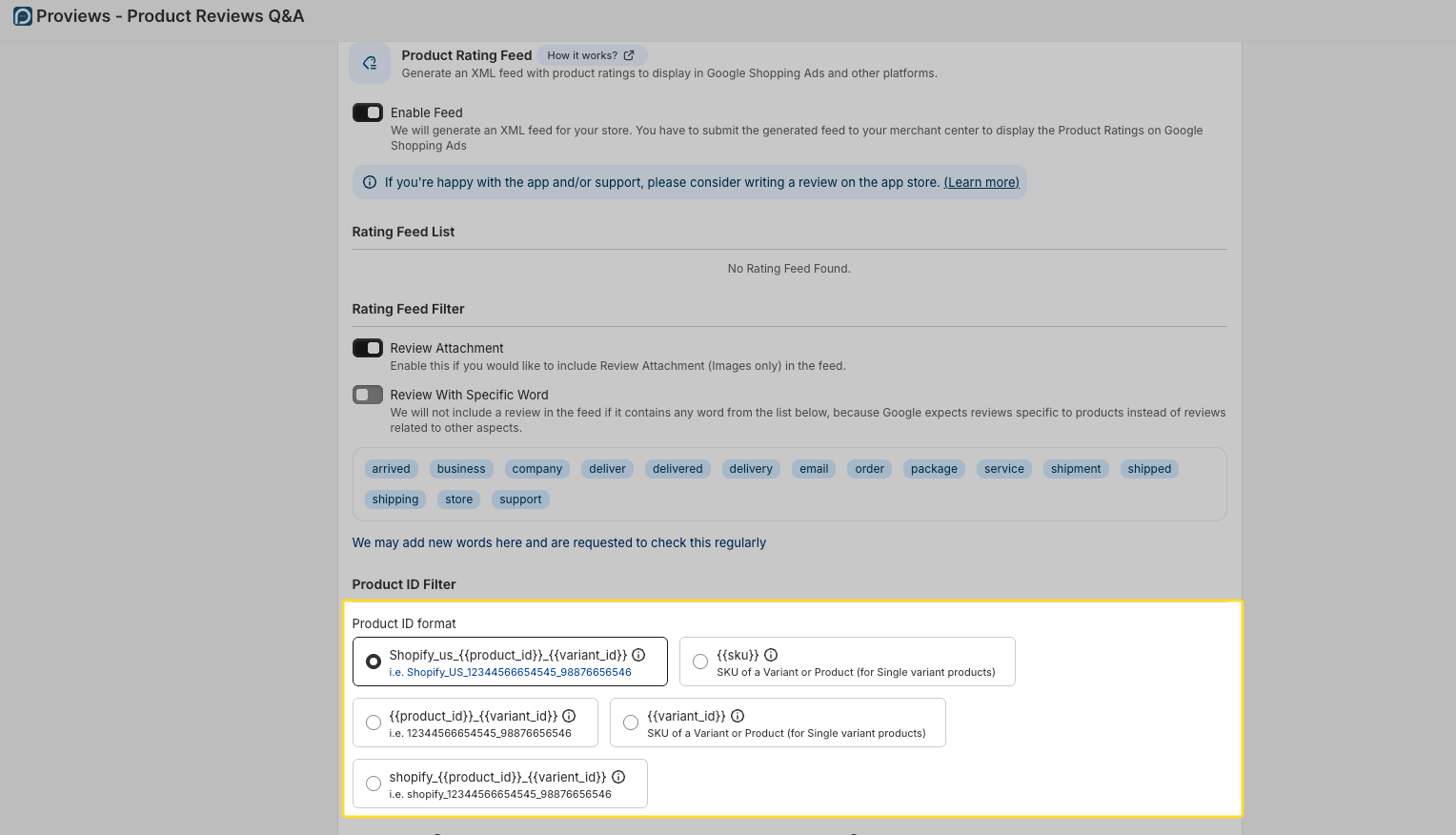 Product ID Format selection dropdown in Proviews showing country targeting options