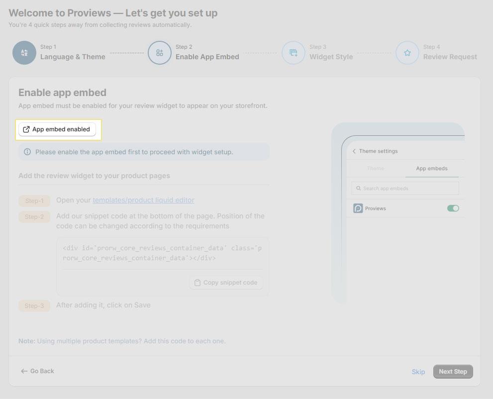 Activate the app embed