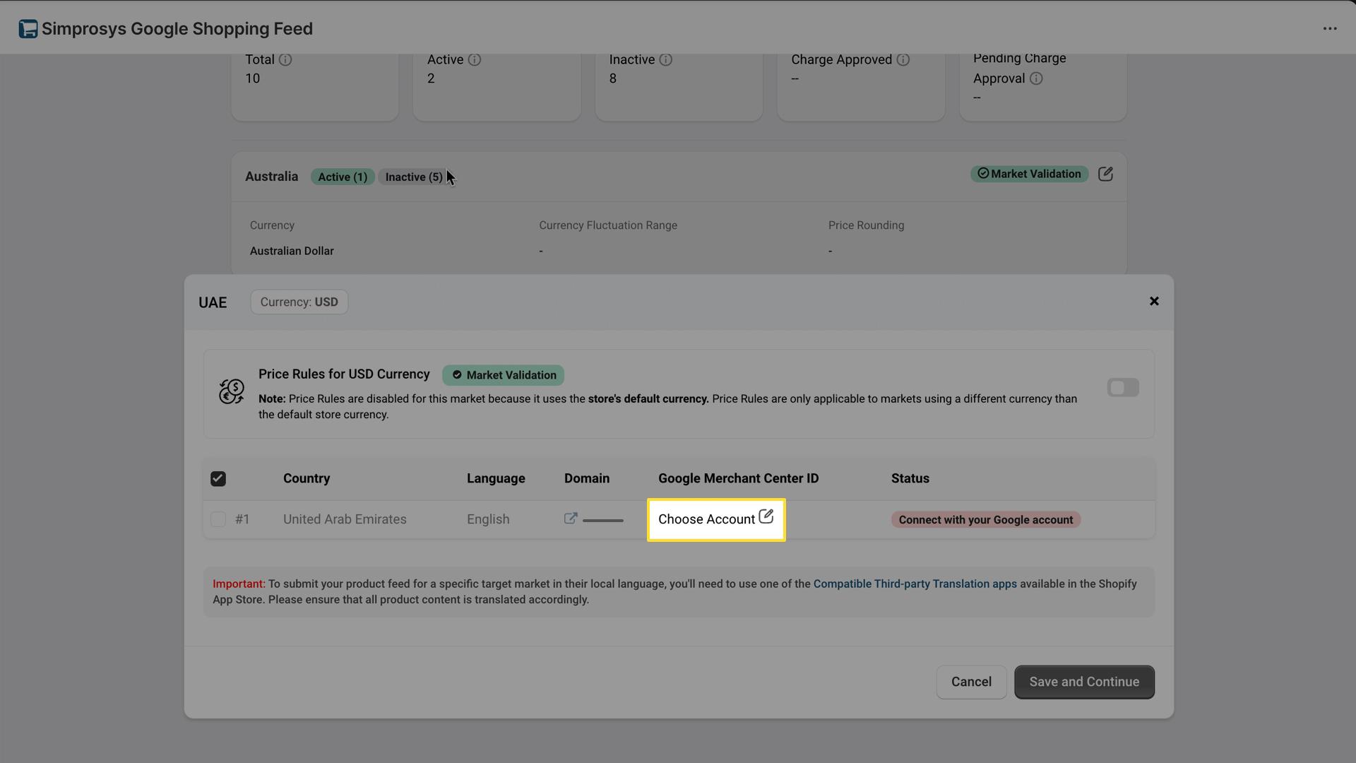 Modal dialog for UAE market configuration showing 'Price Rules for USD Currency' note. Displays a table with columns for Country, Language, Domain, Google Merchant Center ID, and Status. Shows United Arab Emirates entry with English language and abc.au domain, with a yellow 'Choose Account' button and red 'Connect with your Google account' status message