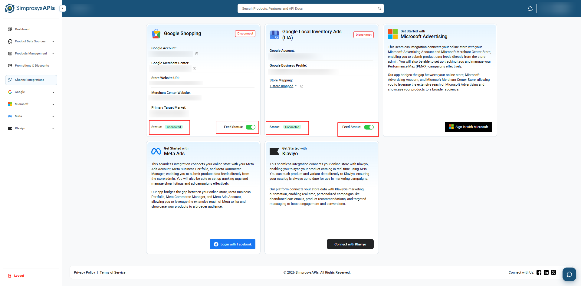 The Google Local Inventory Ads (LIA) status shows Connected and the Feed Status toggle is enabled