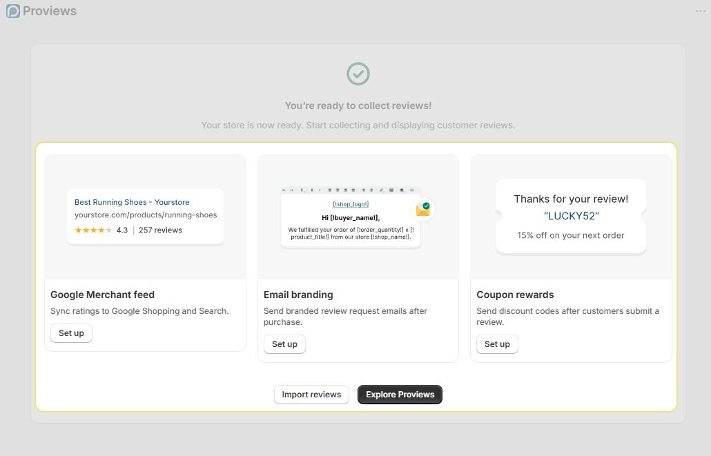 Confirmation screen with Google Merchant feed, email branding, and coupon reward cards