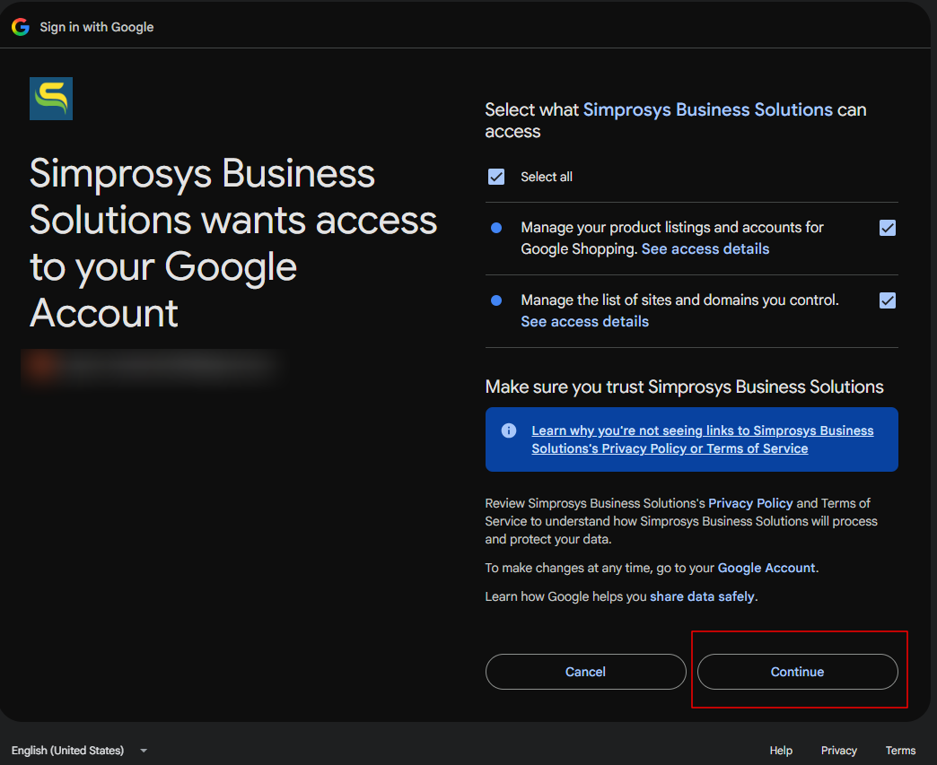Click Continue on the Google authorization prompt to sign in and grant Simprosys Business Solutions access to your Google Account