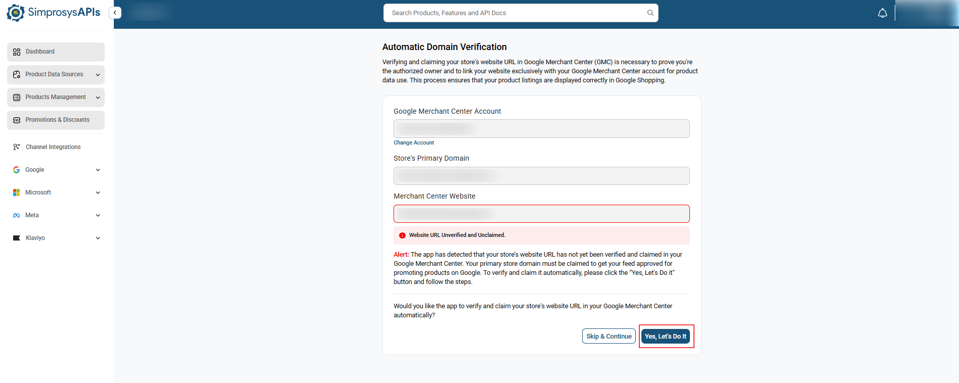 Click Yes, Let's Do It to start the domain verification process
