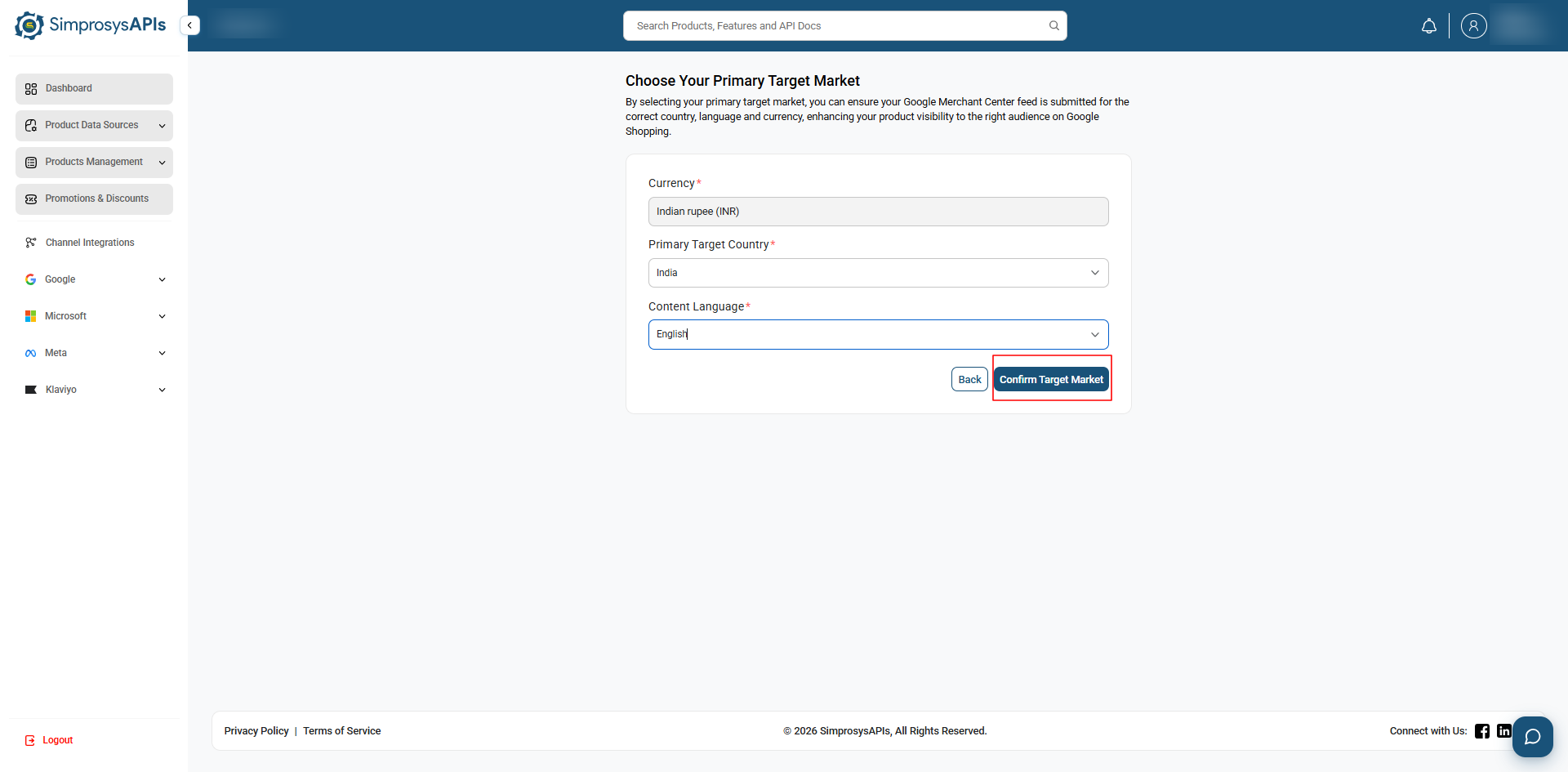 Select your Currency, Primary Target Country, and Content Language, then click Confirm Target Market