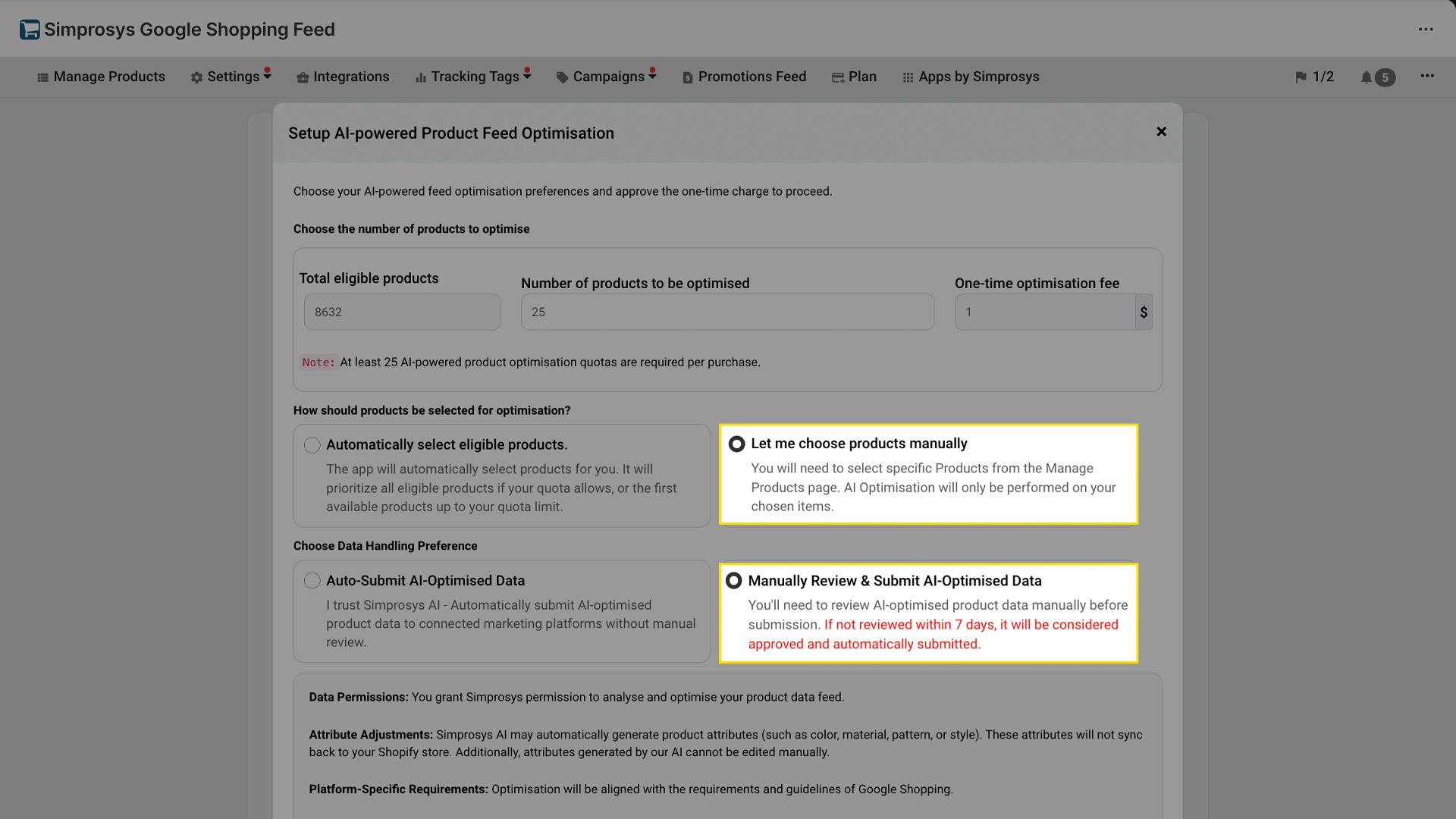 Feed Optimisation preferences modal showing automatic vs manual product selection and auto-submit vs manual review data handling options