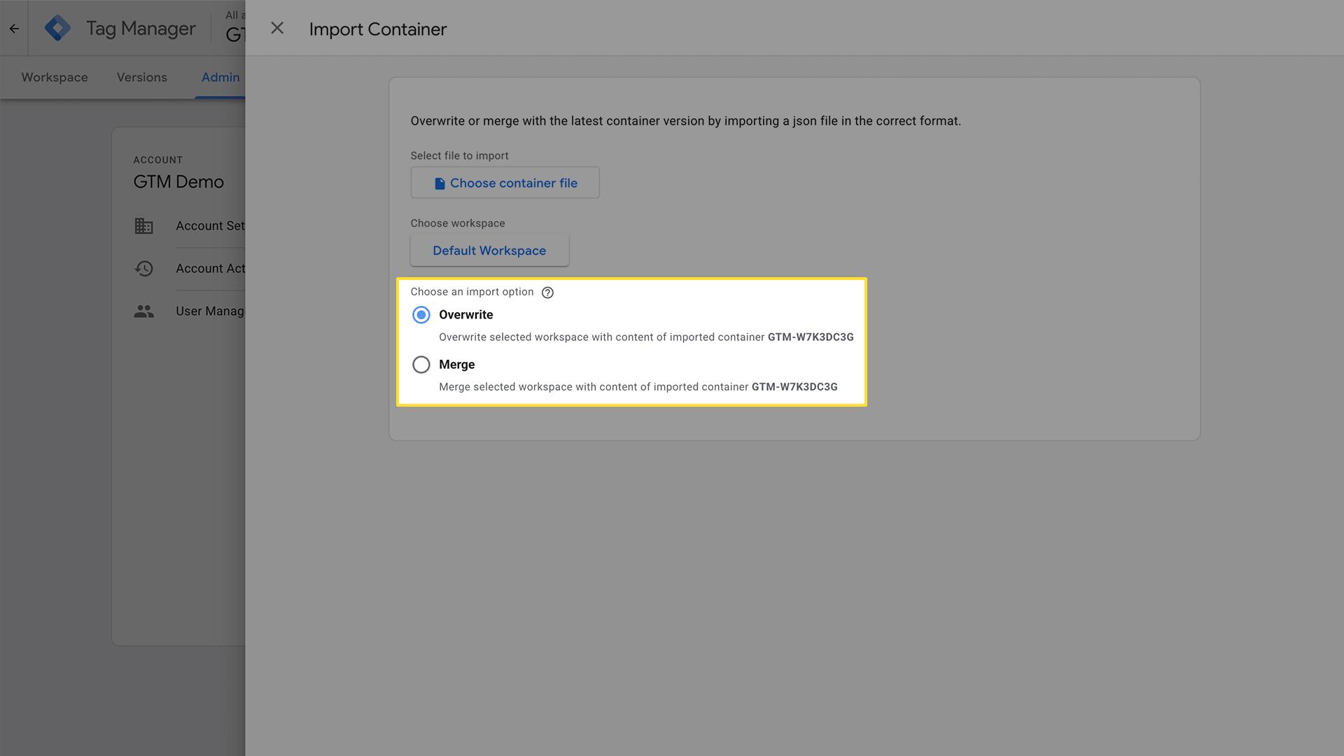 Import Container dialog with Overwrite option highlighted to replace workspace with imported container