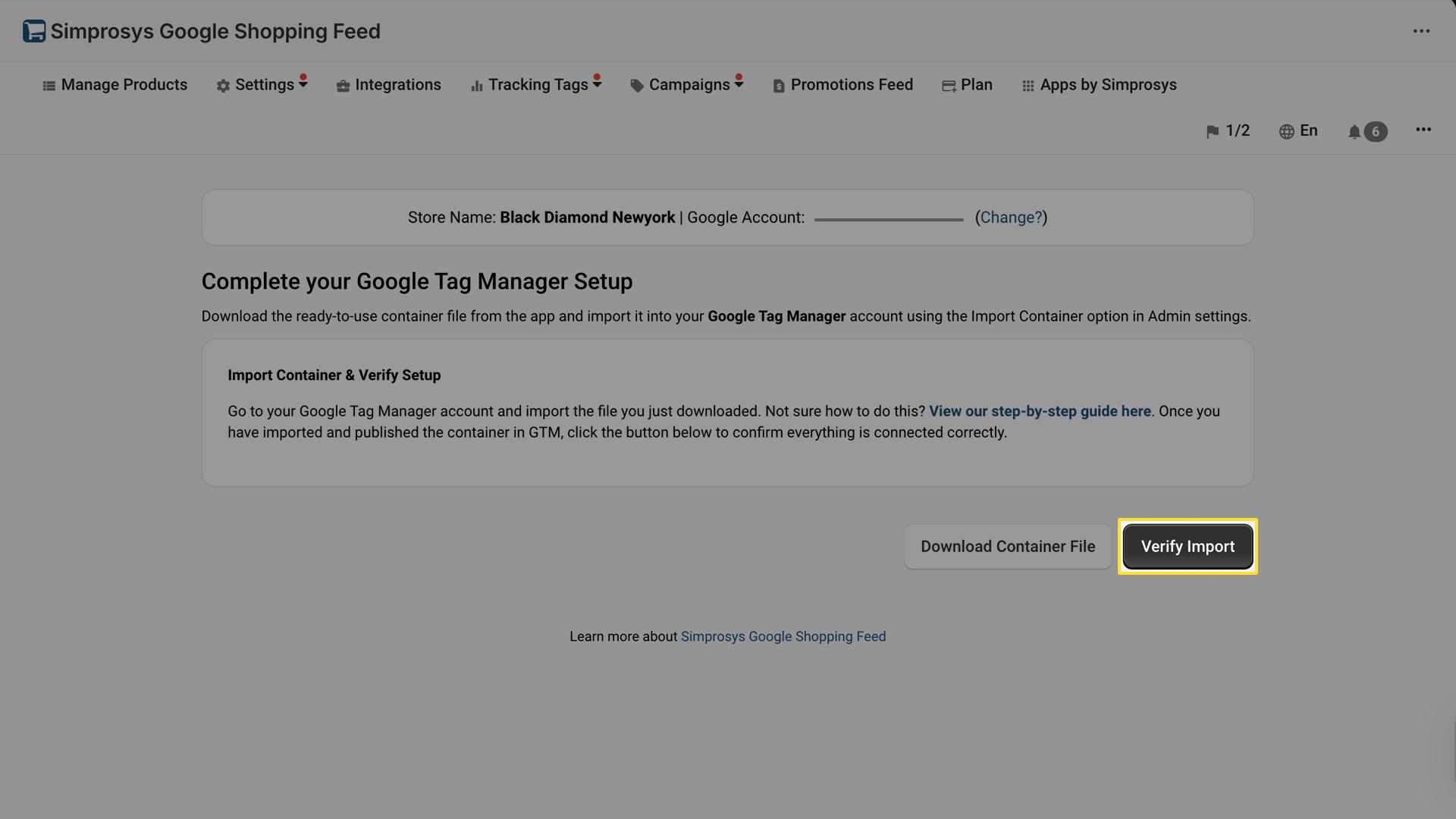 Final setup page with Import Container & Verify Setup section and buttons to complete GTM configuration