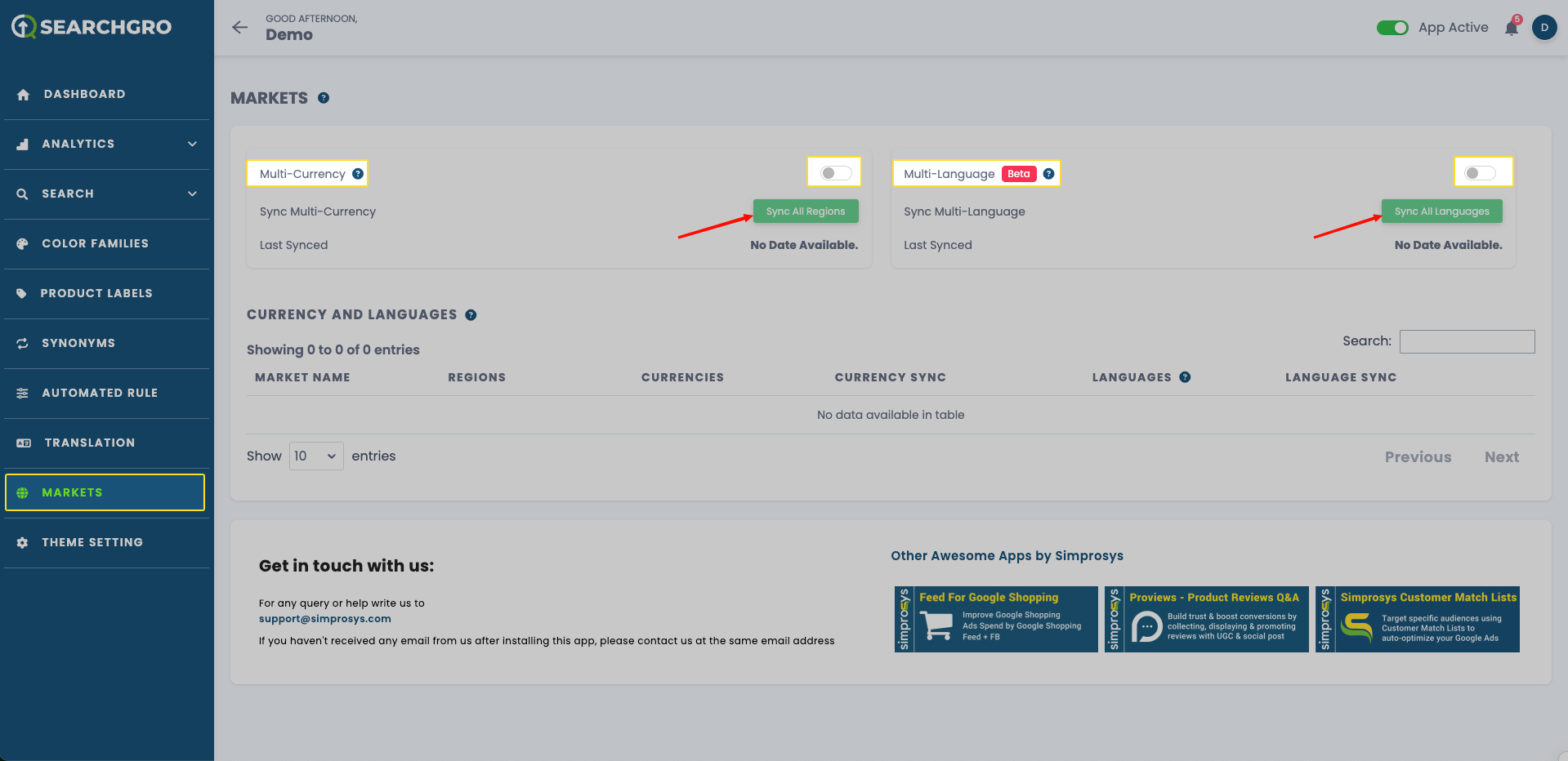 SearchGro app Markets tab showing Multi-Currency and Multi-Language