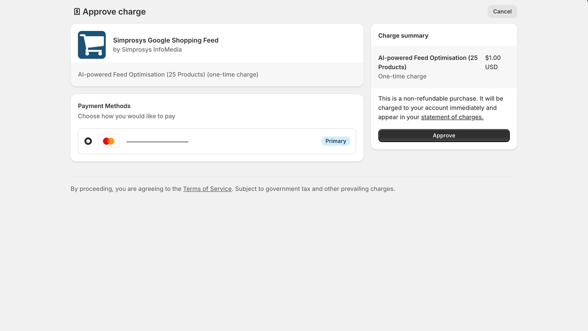 Shopify payment approval page showing $1.00 USD charge for AI-powered Feed Optimisation of 25 products