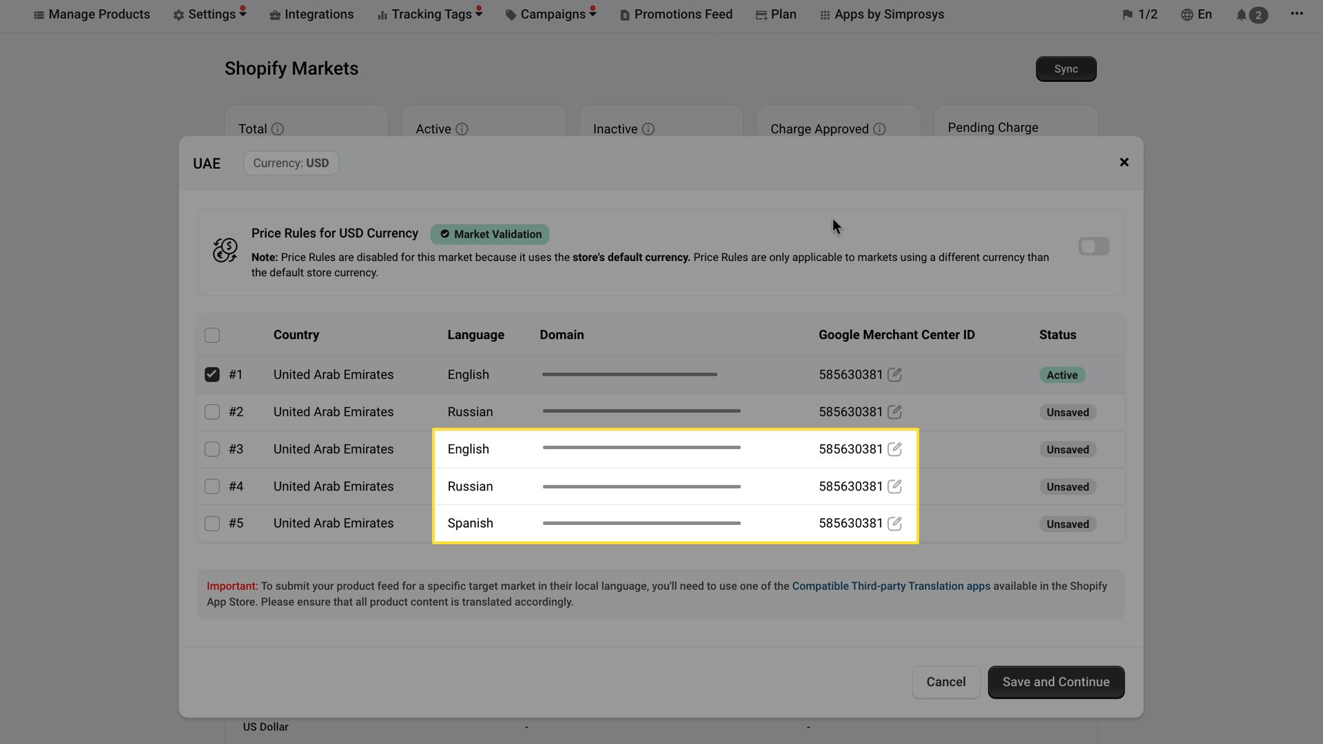 Shopify Markets configuration dialog for UAE (Currency: USD) showing a table with 5 entries for United Arab Emirates in different languages (English, Russian, Spanish). Each row displays the language, domain placeholder, Google Merchant Center ID (585630381), and status (Active or Unused). Rows 3-5 are highlighted in yellow showing multiple language variants