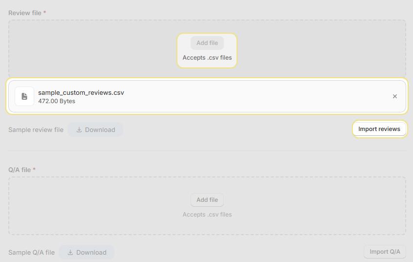 Import Reviews screen showing CSV file upload and highlighted the import reviews
