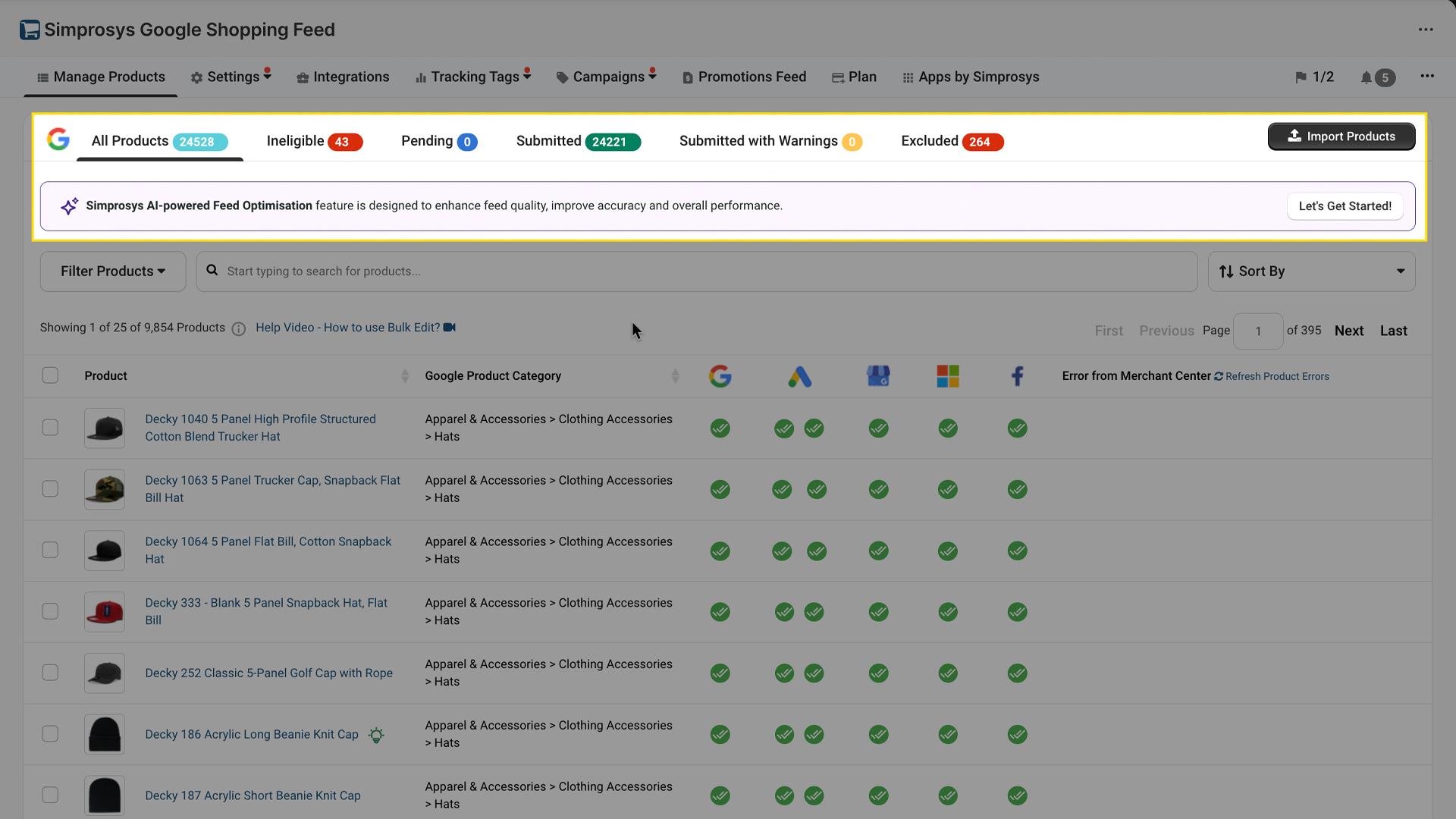 Simprosys Google Shopping Feed dashboard showing product status overview with AI-powered Feed Optimisation recommendation banner and Let's Get Started button