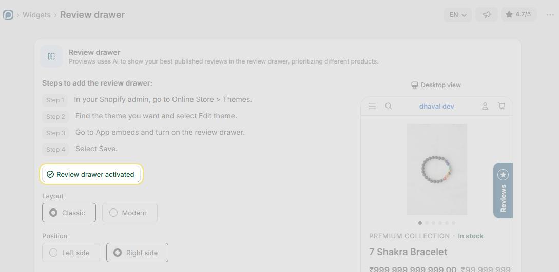 Enable the review drawer