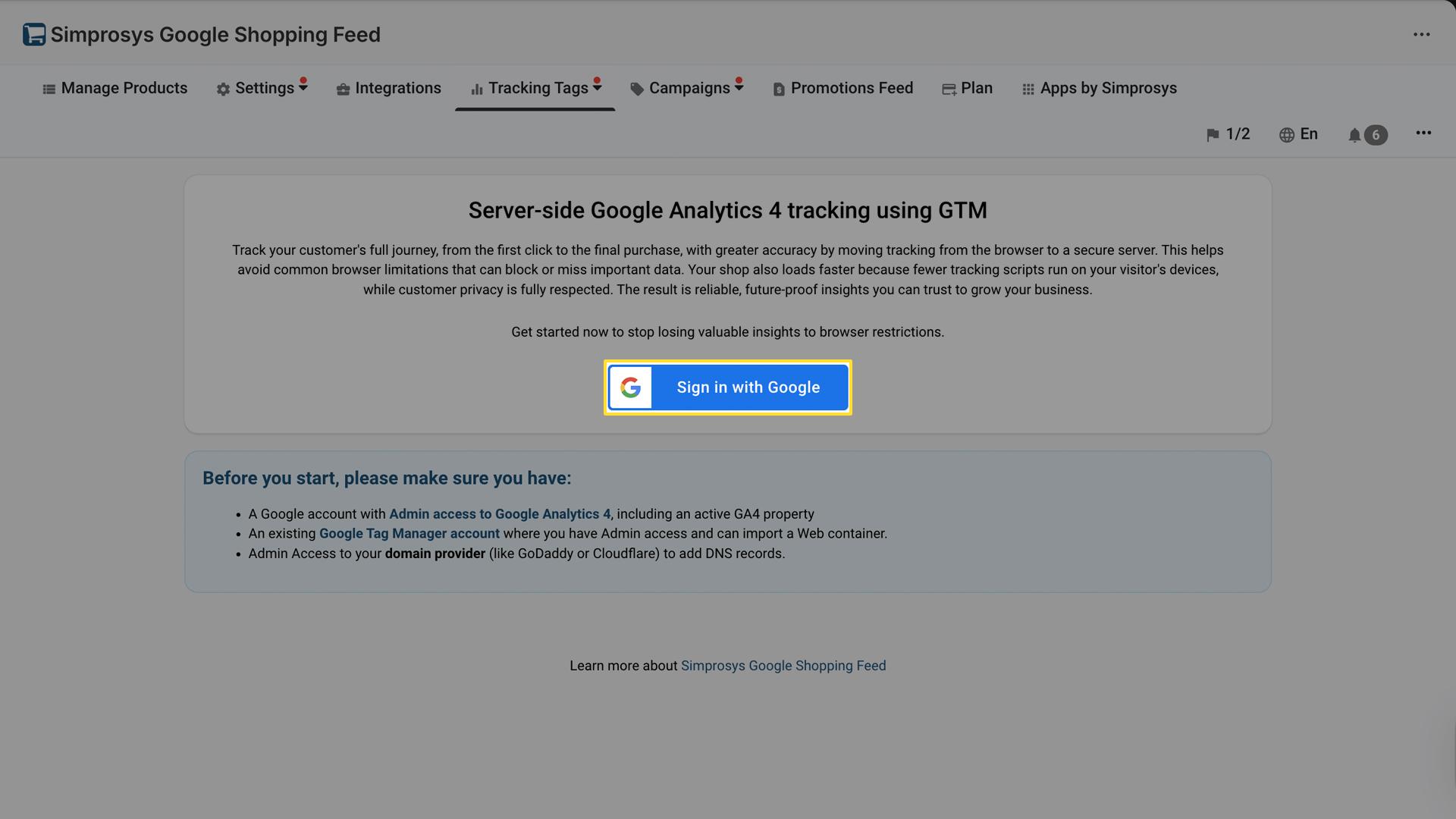 Simprosys Google Shopping Feed setup page for server-side GA4 tracking with sign-in button and prerequisites checklist