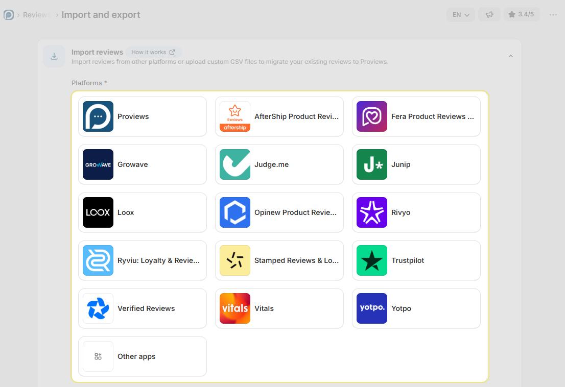Import Reviews screen showing other app