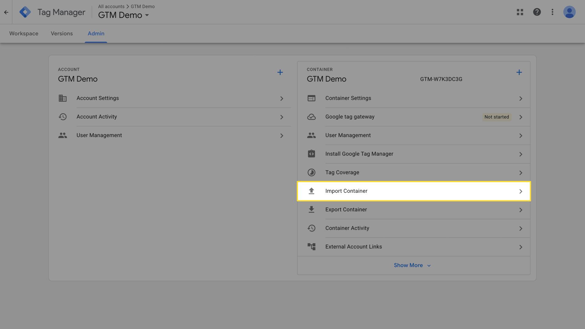 Google Tag Manager Admin interface showing GTM Demo container with Import Container option highlighted