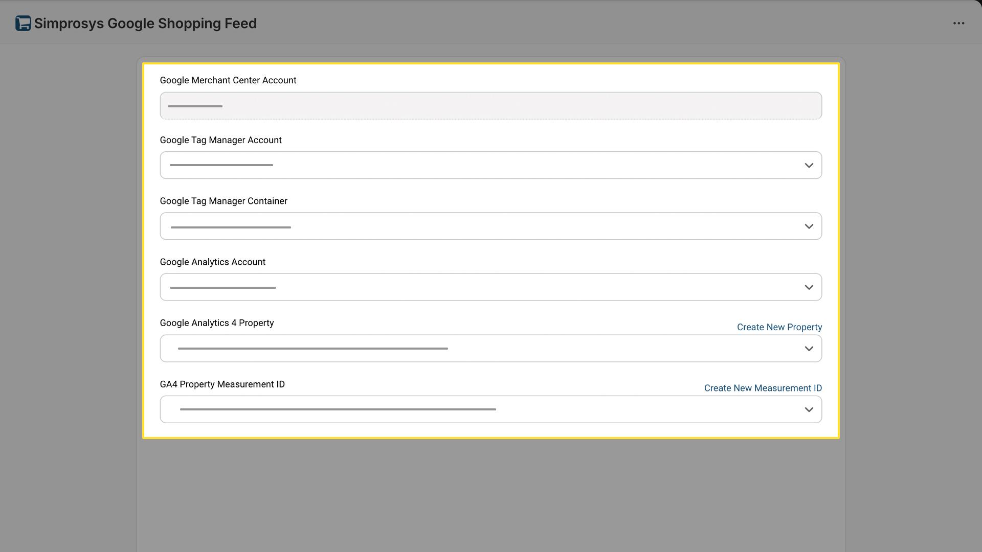 Configuration form with dropdown fields for Google Merchant Center, Tag Manager, Analytics Account, and GA4 Property settings